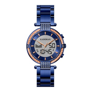 Calendar Dual Display Wristwatch Full Steel Alarm Ladies Quartz Watch Blue Colour