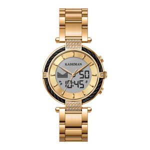 Calendar Dual Display Wristwatch Full Steel Alarm Ladies Quartz Watch Gold Colour