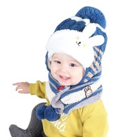 Children Fall And Winter Cute Cartoon Rabbit Ears Cashmere Knit Wool Cap + Scarf Set Suitable Age:2-3 Years Old(Blue)