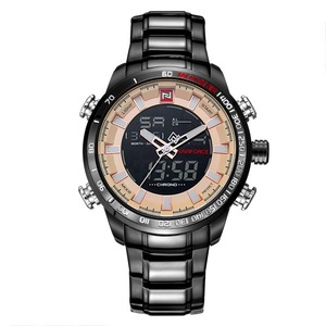 Fashion Men Dual Display Wristwatch Multifunction Stainless Steel Quartz Watch Black Coffee Colour