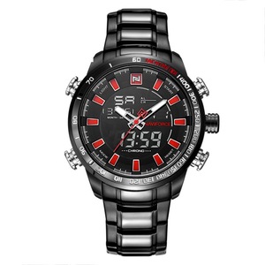 Fashion Men Dual Display Wristwatch Multifunction Stainless Steel Quartz Watch Black Red Colour