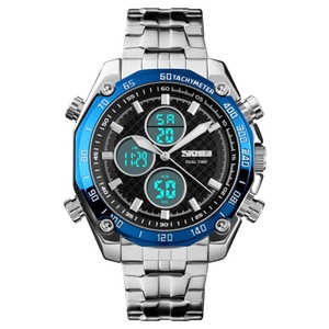 Fashion Men Leisure Wrist Watch Multifunctional Dual-time Sports Digital Watch with Stainless Steel Watchband 30m Waterproof (Blue)