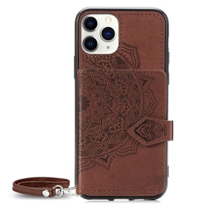 For Iphone 11 Pro Case With Magnetic And Bracket Function With Card Bag / Wallet / Photo Frame Function With Hand Strap(Brown)