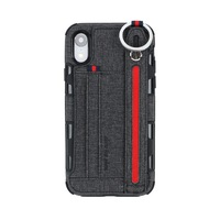For Iphone Xr Cloth Texture + Tpu Shockproof Protective Case With Metal Ring and Holder and Card Slots and Hanging Strap