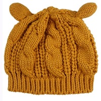 Ginger Yellow Ladies Autumn And Winter Wool Beret Twisted Cat Ears Shape Hat Knitted Warm Hat Size:One Size