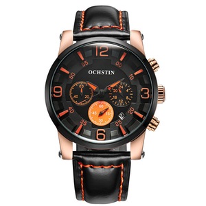 Gq052D Multifunction Calendar Men Wristwatch Business Style Quartz Watch Blcak-Orange