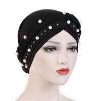 Ladies Turban Cap Milk Silk Single Braid Cap Rivet White Pearl Hooded Cap Size:58Cm(Black)