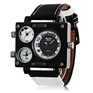 Men Fashion Three Time Zones Alloy Case Textile Wristwatch Band Quartz Watch Black Colour