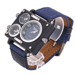 Men Fashion Three Time Zones Alloy Case Textile Wristwatch Band Quartz Watch Blue Colour