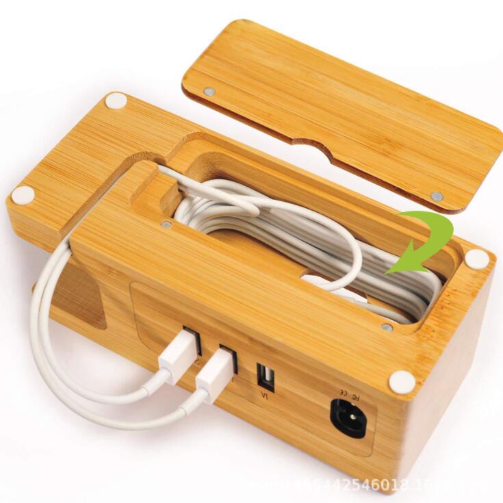 Multi-Function Bamboo Charging Station Charger Stand Management Base With 3 Usb Ports