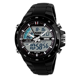 Multifunctional Men Outdoor Sports Noctilucent Waterproof Double Digital Watch (Black)