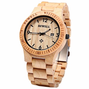 Natural Wooden Auto Calendar Display Fashion Quartz Wrist Watch