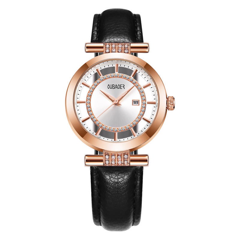 Ob2007 Blue Rhinestone Women Wristwatch Leather Strap Quartz Watch