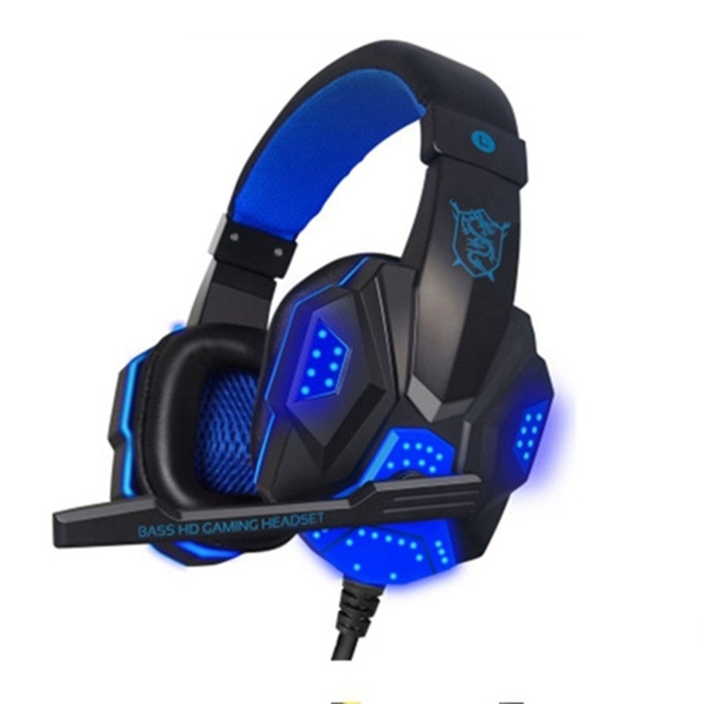 Over-Ear Gaming Earphone Subwoofer Stereo Bass Headband Headset With Microphone and Usb Led Light(Black Blue)