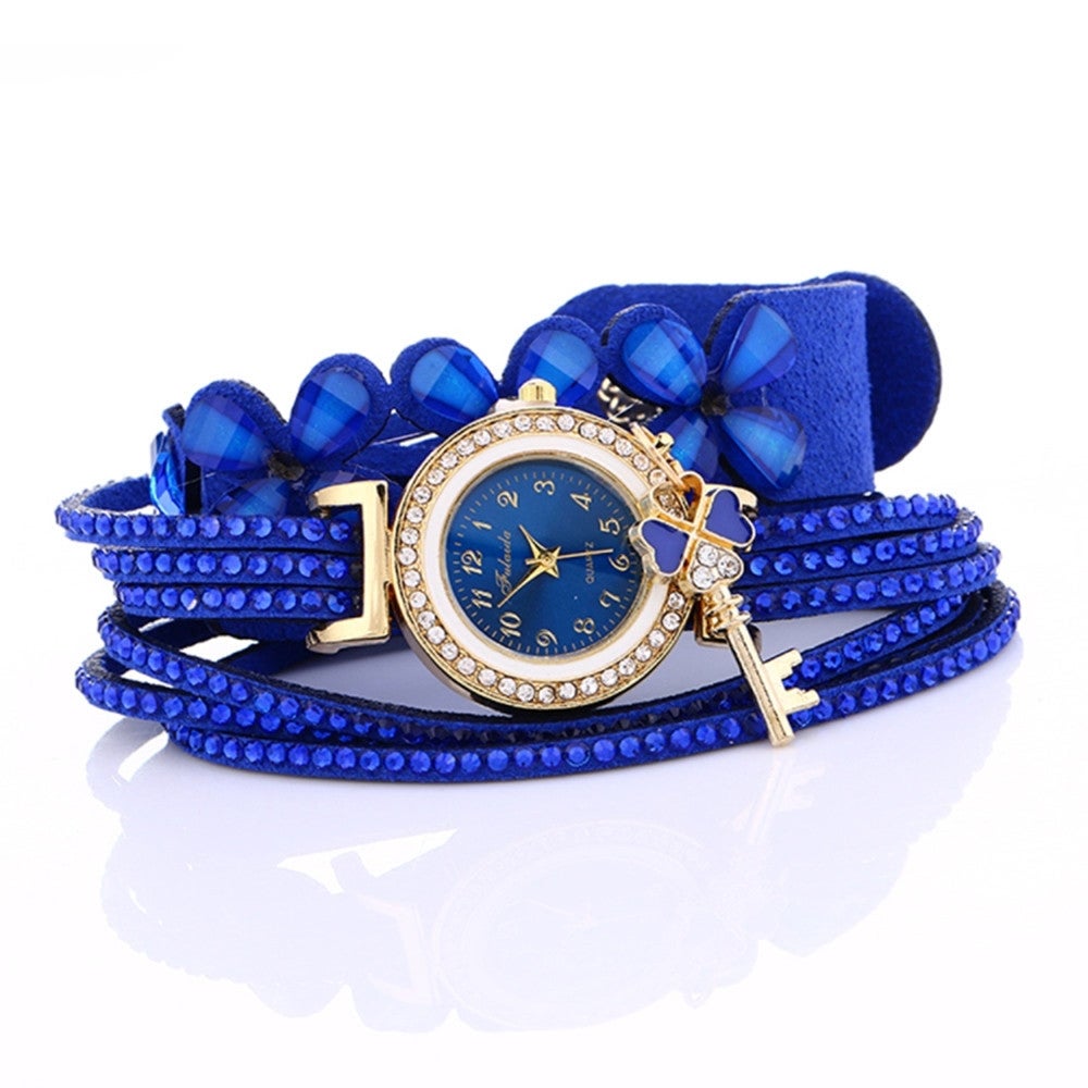 Round Dial Diamond Flower Bracelet Watch With Flower Shape Key Pendant(Blue)