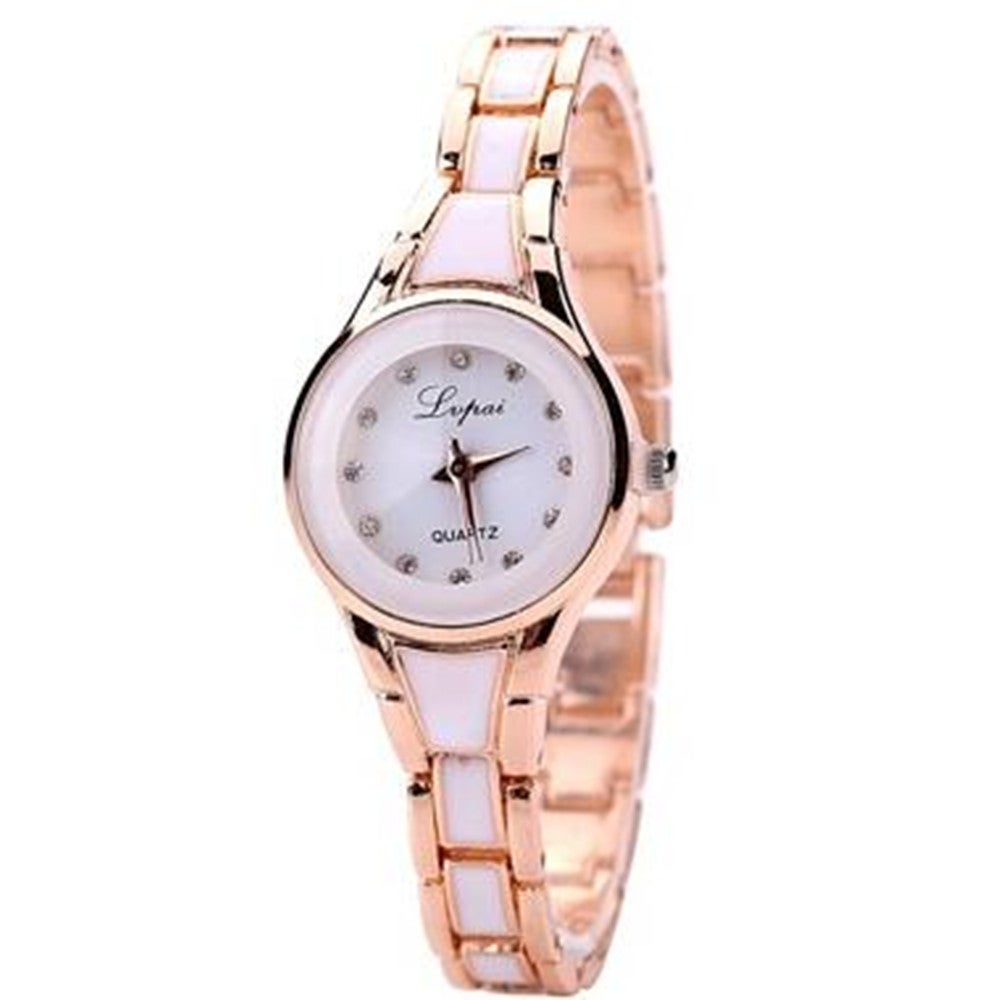 Round Dial Two-Color Stainless Steel Strap Bracelet Quartz Watch for Women(Gold white)