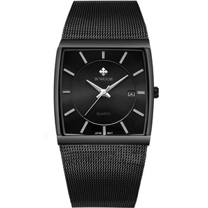 Square Dial Luminous Display Men Wristwatch Mesh Steel Calendar Quartz Watch Black Colour
