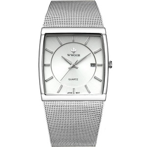 Square Dial Luminous Display Men Wrist Watch Mesh Steel Calendar Quartz Watch SILVER COLOUR