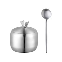 Stainless Steel Sugar Bowl with Lid and Spoon Kitchen Seasoning Jar Spice Salt Container Powder Condiment Storage Box