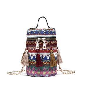 Tassel National Style Linen Bucket Shoulder Bag For Women