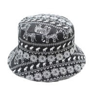 Vintage Elephant Animal Print Double Sided Wearable Canvas Fisherman Hat Size:M 56-58Cm(Black)