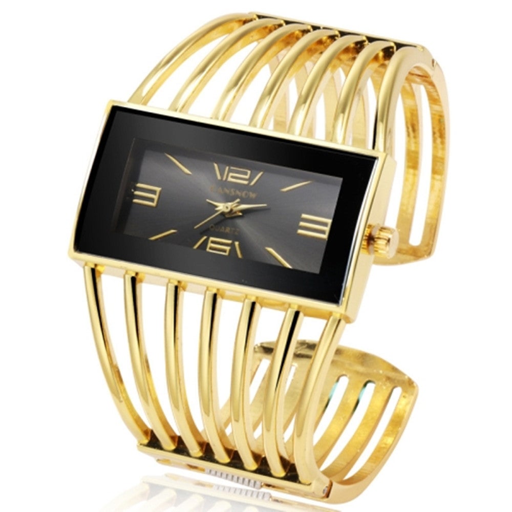 WAT2008 Alloy Bracelet Watch Creative Rectangular Dial Quartz Watch for Women(Gold+Black)