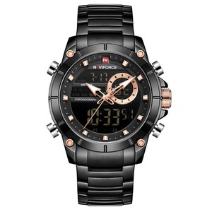 Waterproof Alarm Business Style Dual Display Wristwatch Full Steel Quartz Watch Black Colour