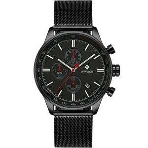Waterproof Chronograph Men Wristwatch Full Steel Clock Quartz Watch Black Red Colour