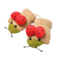 Winter Cute Ladybug Shape Plus Velvet Warm Mittens Hanging Neck Gloves Children Gloves Khaki
