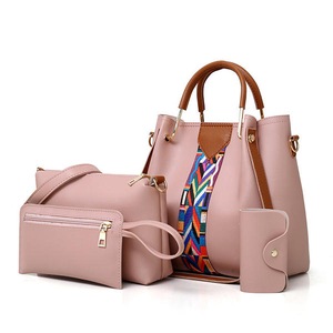 Women 4 Pcs Leisure Bucket Bag Handbag Women Purse Pink