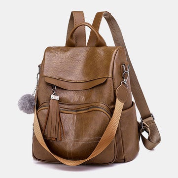 Women Anti-Theft Backpack Multifunctional Tassel Zipper Bag Brown