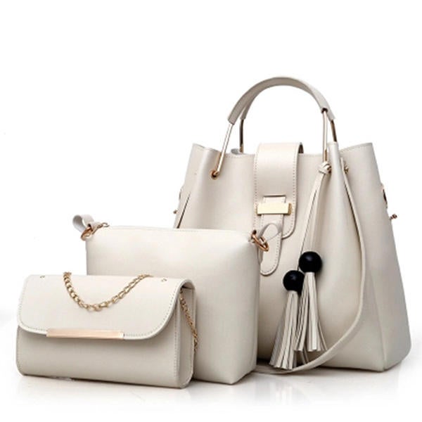 Women Pu Leather Three-Piece Set Tassel Handbag Crossbody Bag