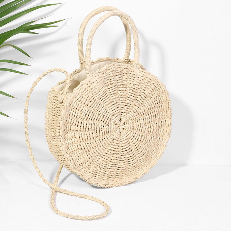 Women Hand Woven Bag Round Rattan Straw Bohemia Style Beach Circle