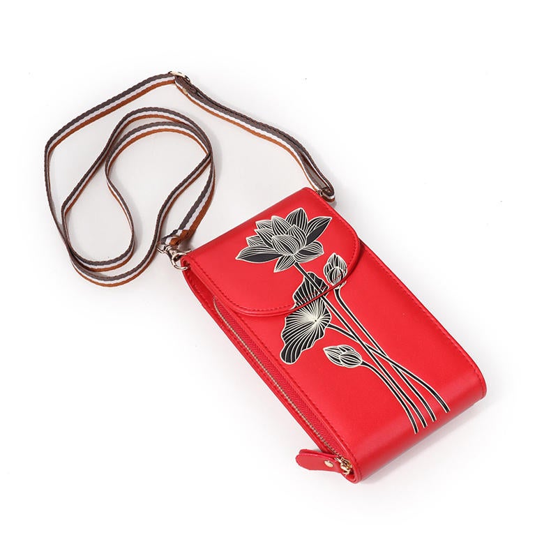 Women Microfiber Hand Painted 6 Card Slot National Phone Bag Crossbody Bag Red