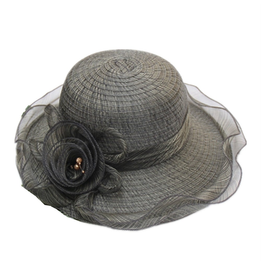 Women Summer Organza Flower Decoration Foldable Sun Cap Bucket Formal Hat(Dark Dark Gray)