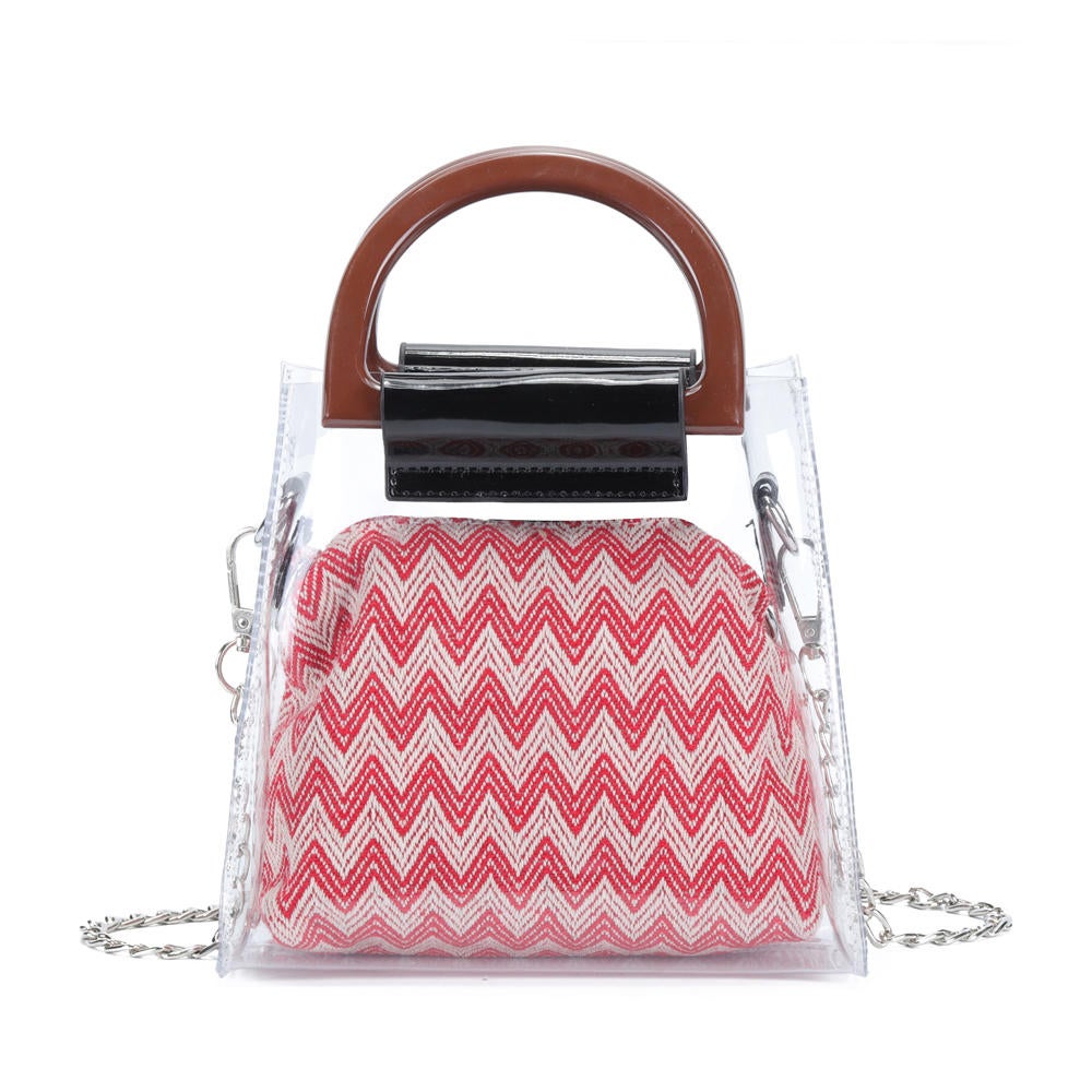 Women Summer Transparent Chain Handbag Canvas Beach Bag Crossbody Bag Pink