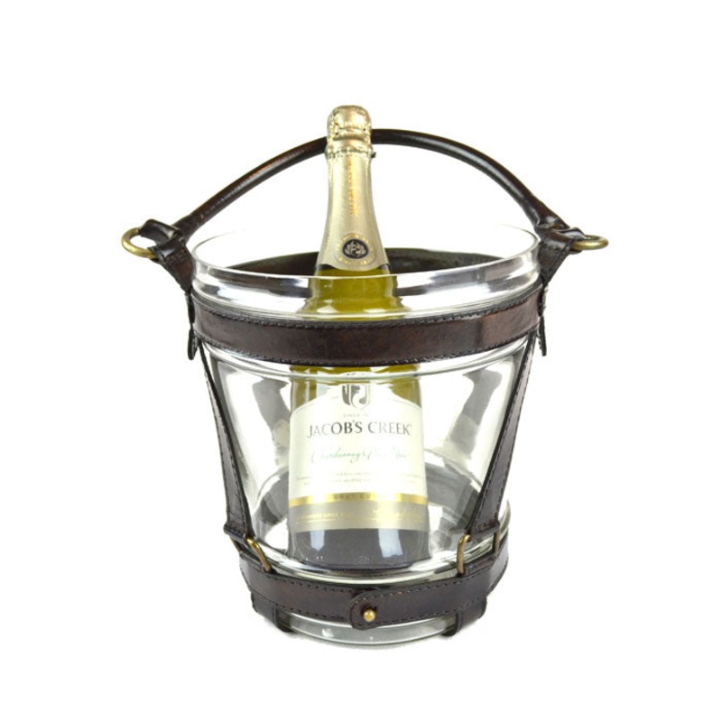 Buy Glass Wine Bucket with Dark Leather Handle MyDeal