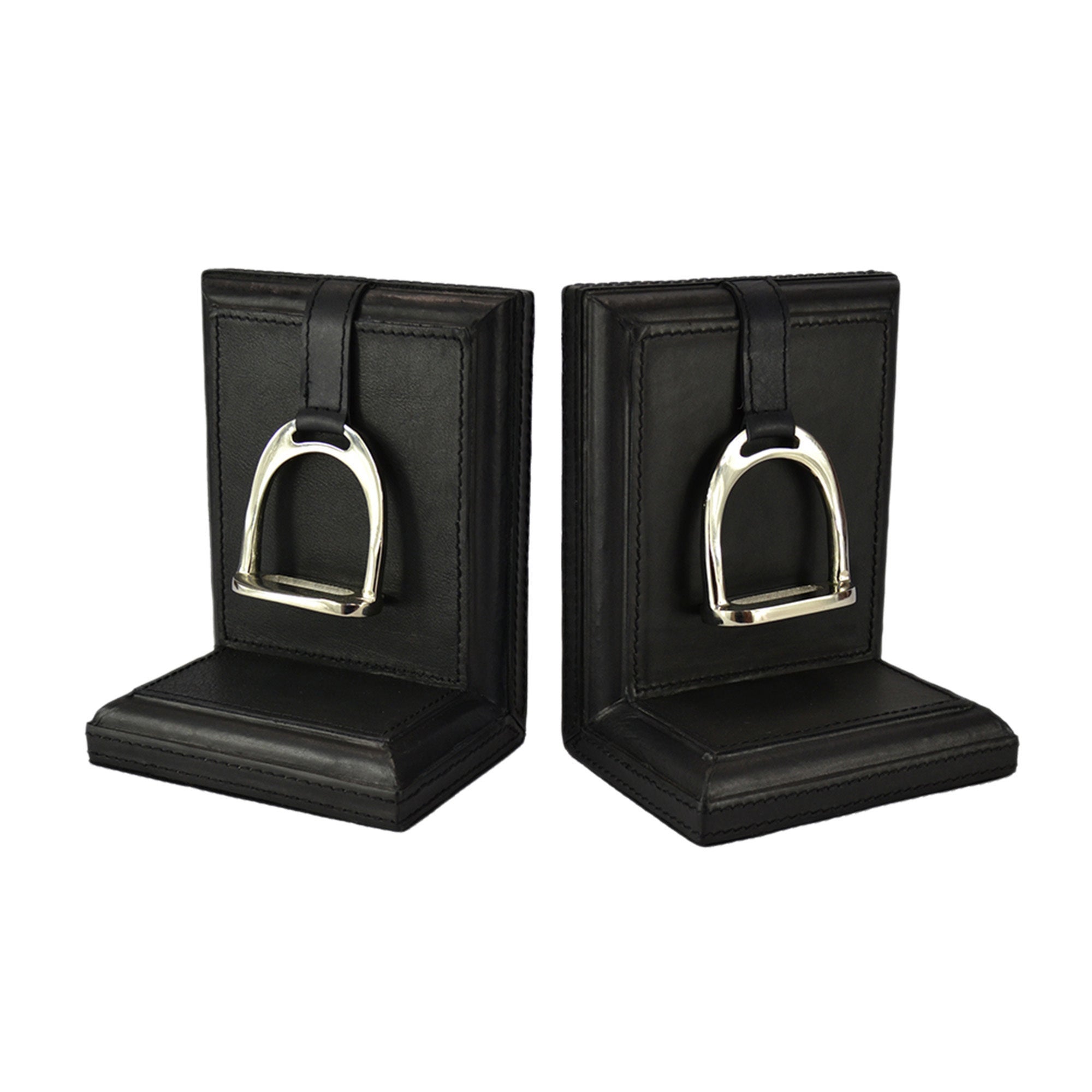Set of 2 Leather Bookends with Stirrup in Black - Small