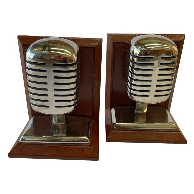 Buy Set of 2 Microphone Bookends Tan Leather MyDeal