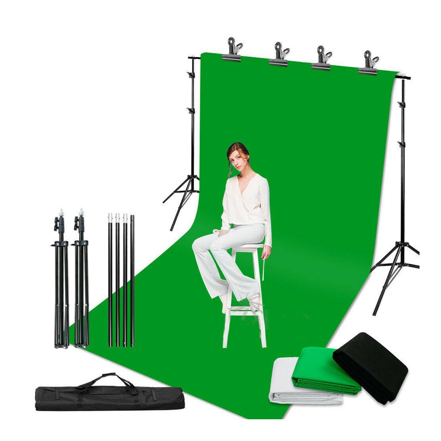 Chroma Key Green Screen Black White Background Stand Kit - 2X3M