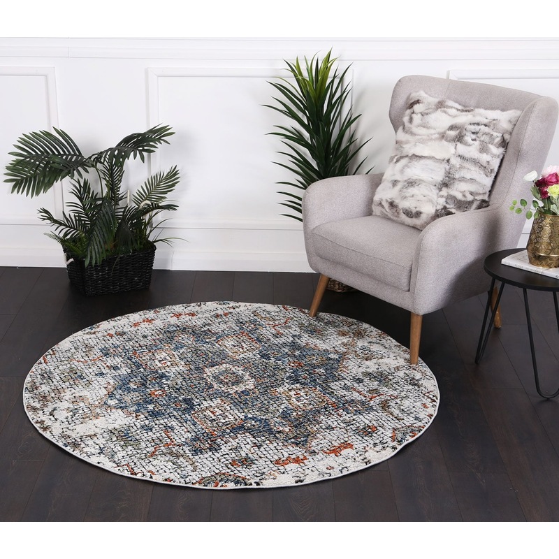 Buy Roman Mosaic Medallion Grey Turquoise Round Rug - MyDeal