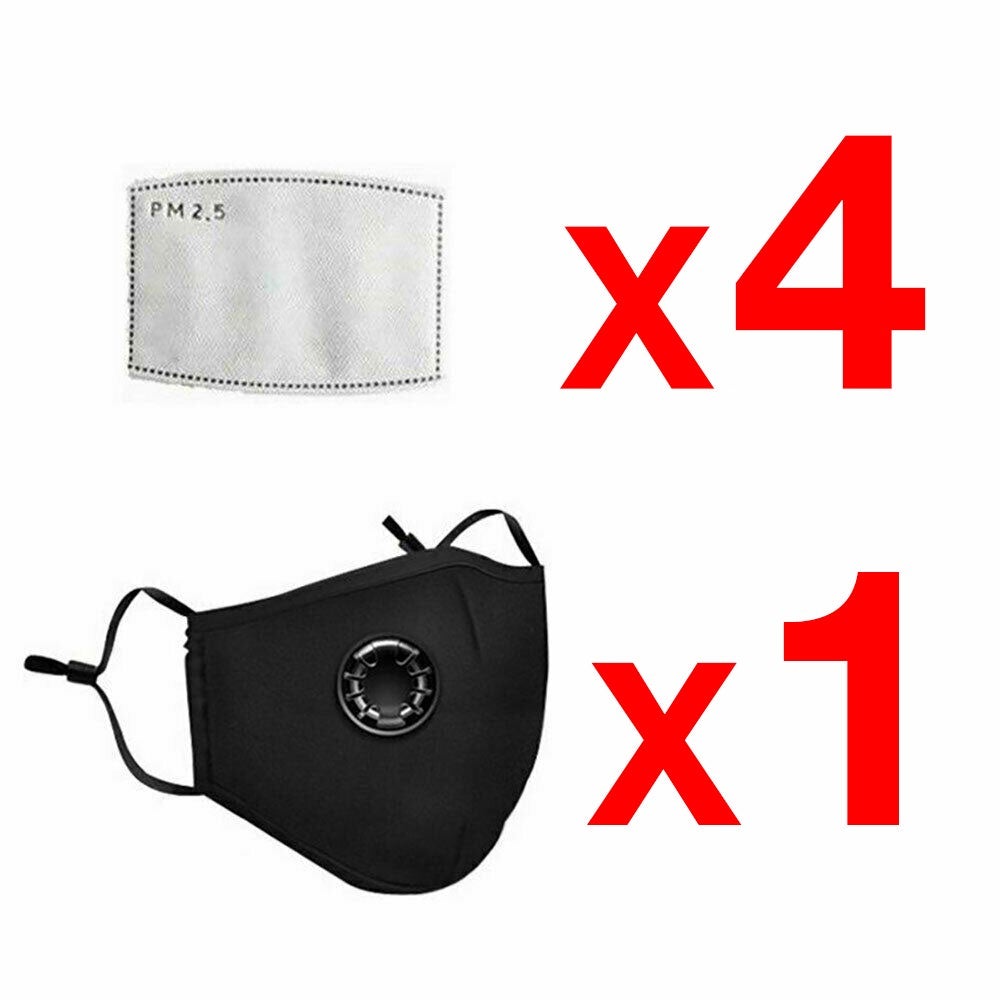 1 Black Washable Reusable Cotton Anti Air Pollution Face Mask With Respirator &4 Filters-1 Pack