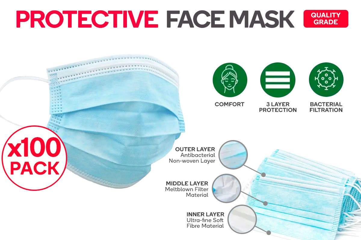 100 Pcs Disposable 3-Ply Face Mask Protective Meltblown AU for General Use