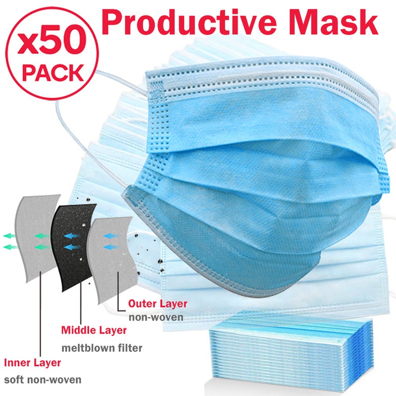 50 Pcs Disposable 3-Ply Face Mask Protective Meltblown AU for General Use
