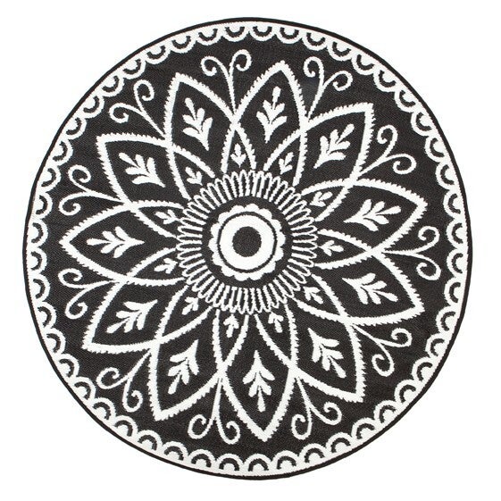 180cm Benaras Black and White Round Recycled Plastic Outdoor Rug and Mat