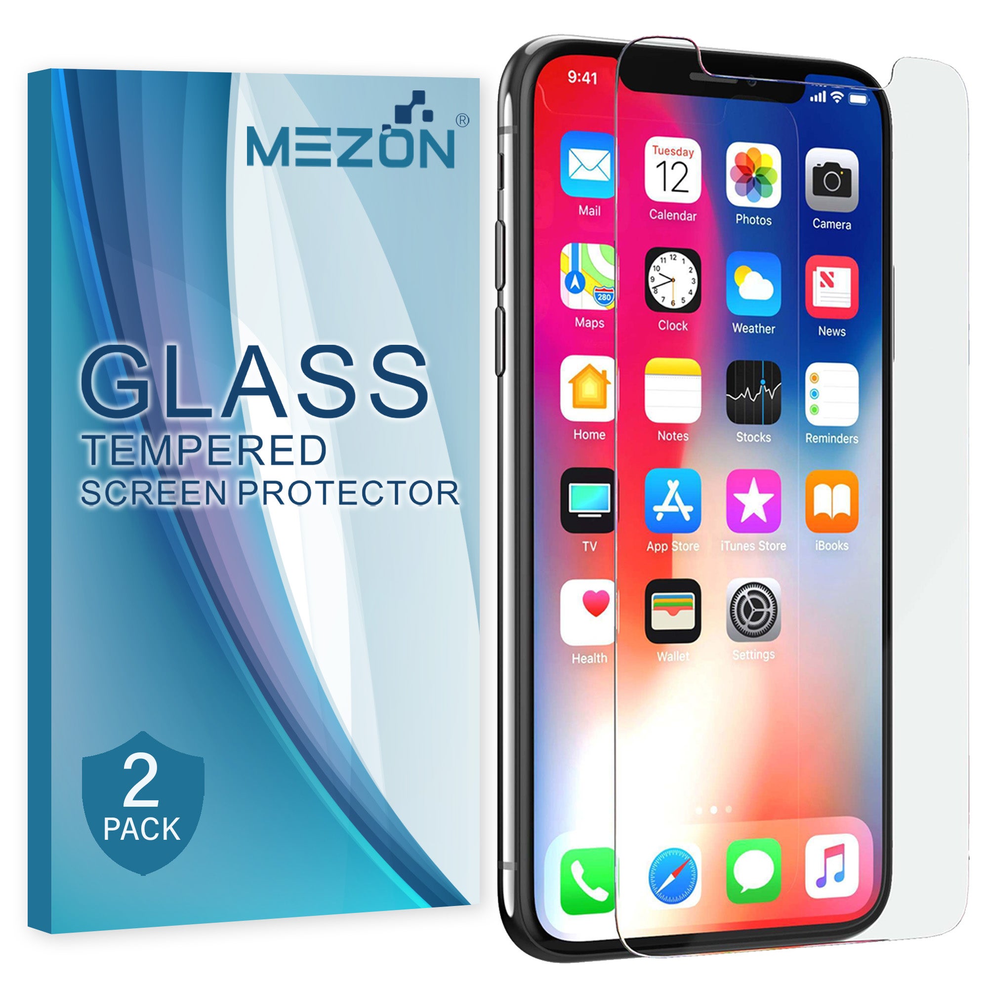 [2 Pack] Apple iPhone 11 Pro Max (6.5”) Tempered Glass Crystal Clear Premium 9H HD Screen Protector by MEZON – Case Friendly, Shock Absorption (iPhone 11 Pro Max, 9H)