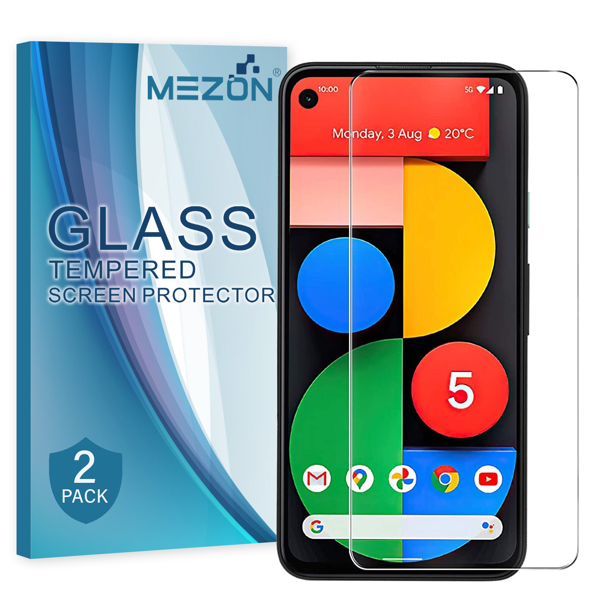 [2 Pack] Google Pixel 5 (6.0”) Tempered Glass Crystal Clear Premium 9H HD Screen Protector by MEZON – Case Friendly, Shock Absorption (Pixel 5, 9H)