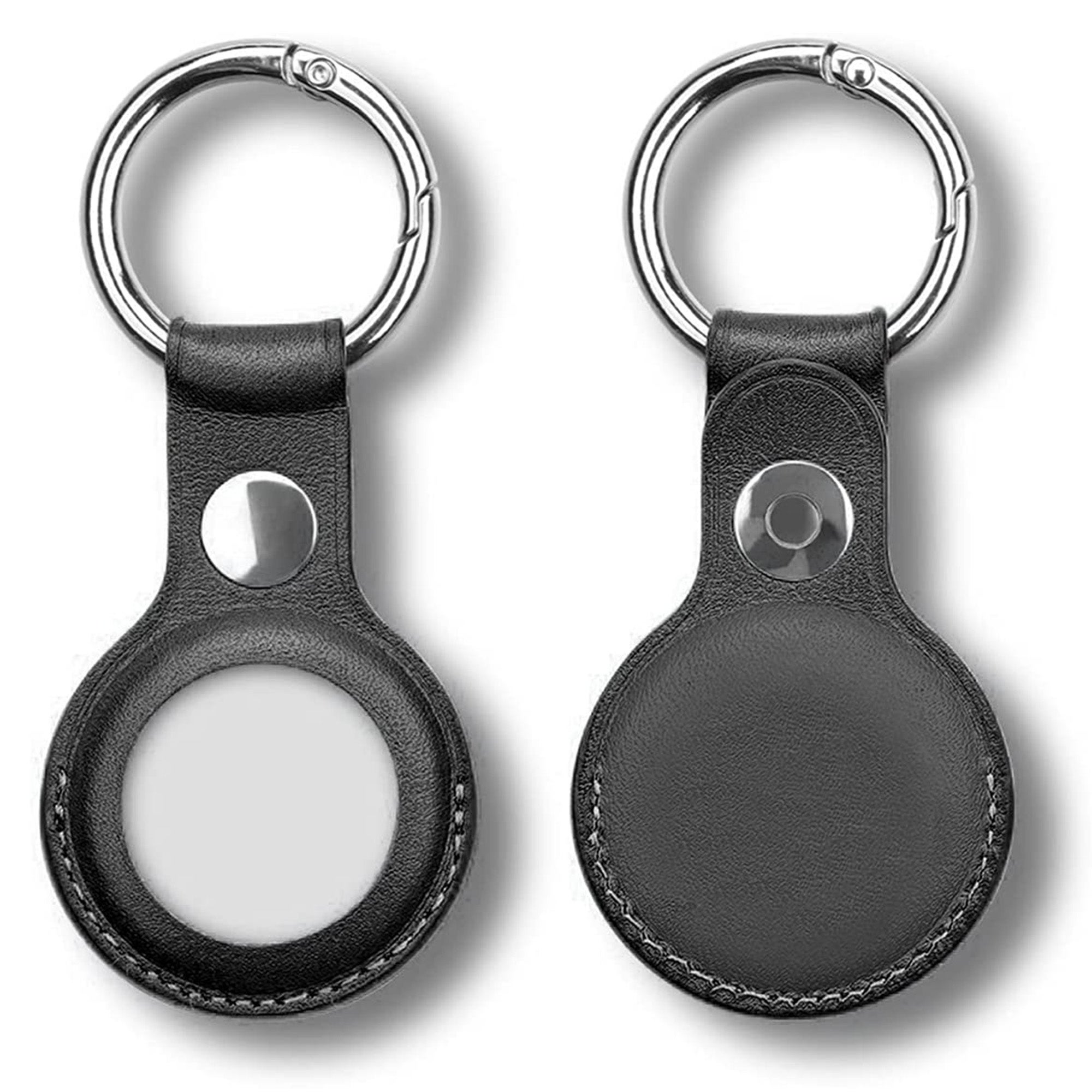 [2 pack] MEZON Black PU Leather Protective Case Holder for Apple AirTag Tracker with Keychain Ring (Leather, 2x Black)