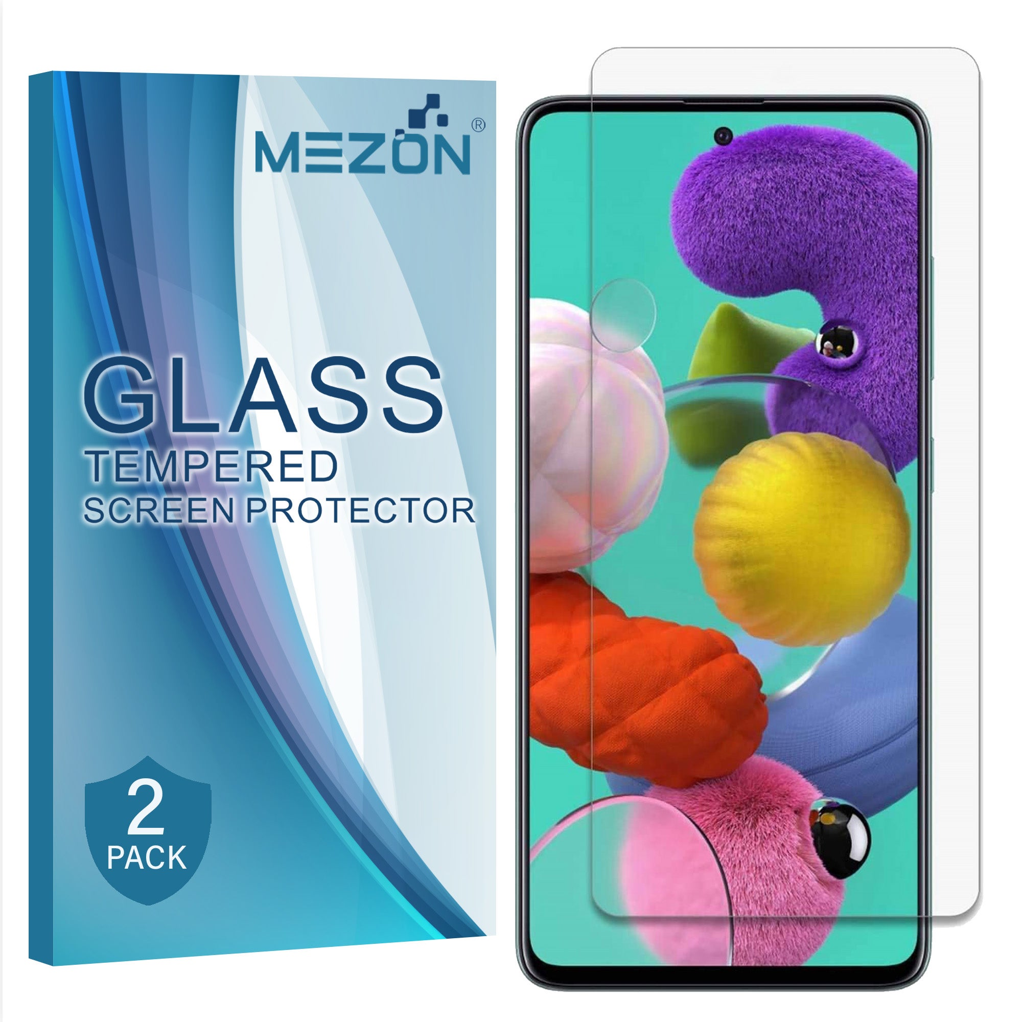 [2 Pack] Samsung Galaxy A51 Tempered Glass Crystal Clear Premium 9H HD Screen Protector by MEZON – Case Friendly, Shock Absorption (A51, 9H)