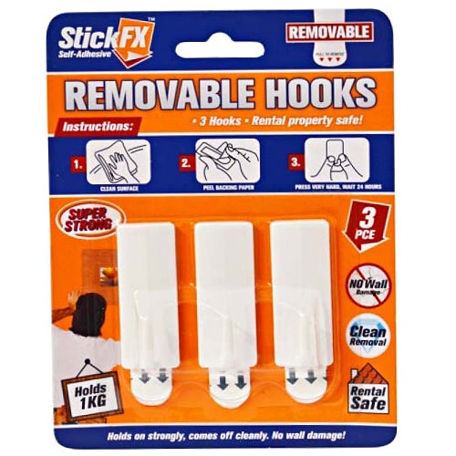 1 Pack 3pce Self-Adhesive Hooks 1kg Capacity Easy Removal